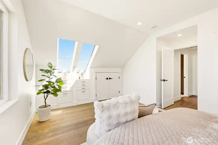 beautiful built-ins and skylights with remote controlled blinds