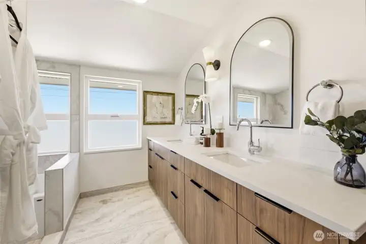5 piece spa bath with double vanity and heated floors