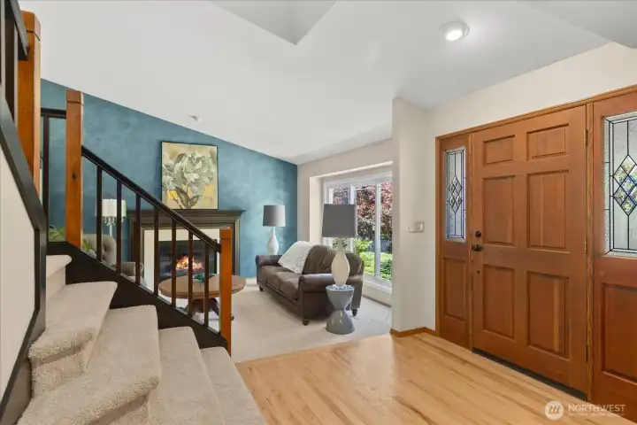 wood rail stair, hardwood entry