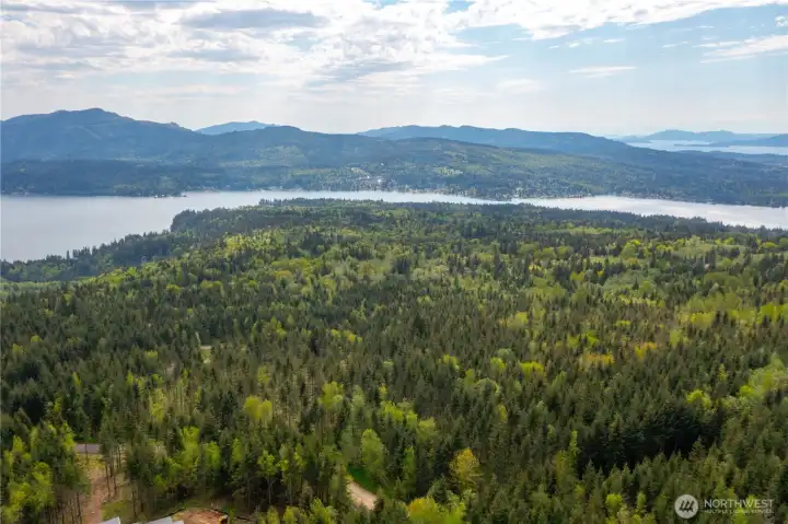 Aerial View from Lot 8 looking towards Lake Whatcom & Mountains beyond, Islands and Bay in the distance