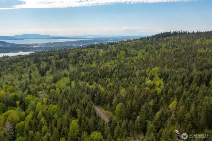 Aerial View from Lot 8 looking West towards Bellingham, Bay, & Islands in the distance with Lake Whatcom on the left