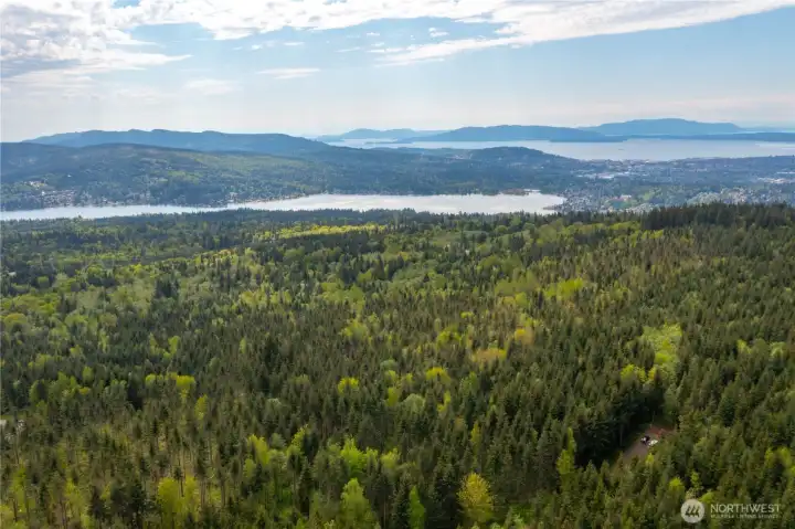 Aerial View from Lot 8 looking towards Lake Whatcom & Mountains beyond, Islands and Bay in the distance
