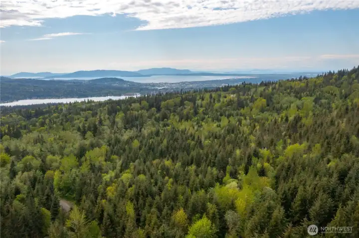 Aerial View from Lot 8 looking West towards Bellingham, Bay, & Islands in the distance with Lake Whatcom on the left