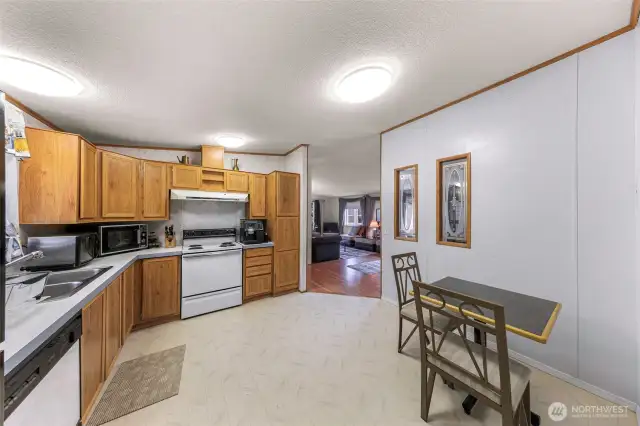 This wide-angle kitchen view highlights the cabinetry, long counters, and seamless transition to the living room—creating a central space for both cooking and connection.