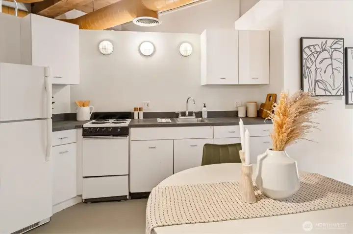 Fridge, electric stove, and sink.