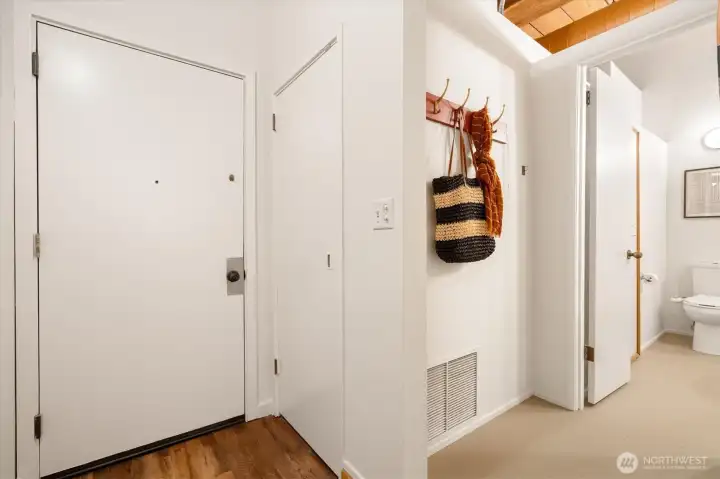 Entrance view with room to hang coats, etc.