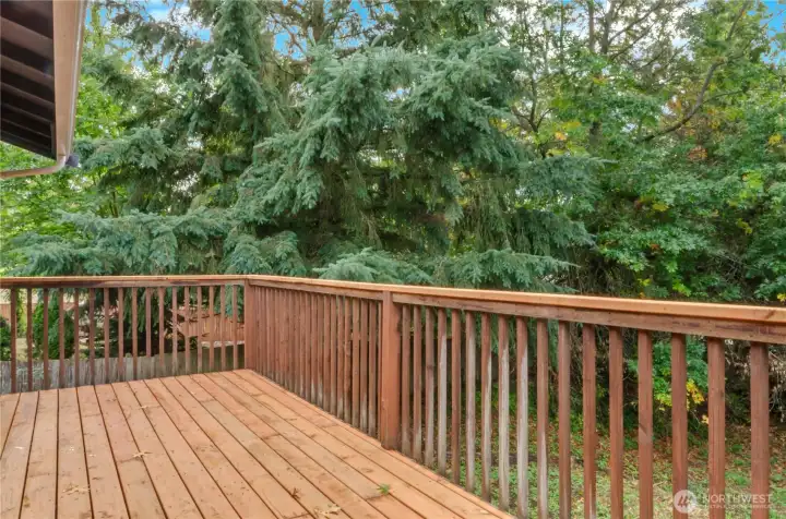 Spacious deck off the main level dining room with stairs to the backyard!