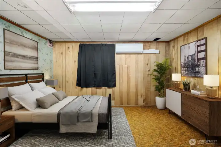 Virtually staged basement bedroom.