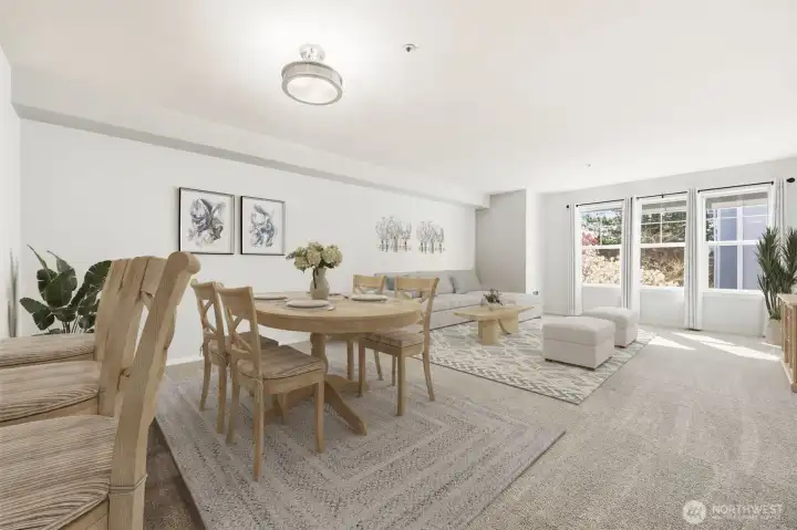 Light-filled living space with open floor plan. (Virtually Staged)