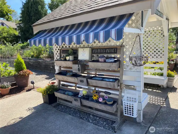 Pea patch sells fresh produce and flowers to residents, with proceeds donated to a local food bank.