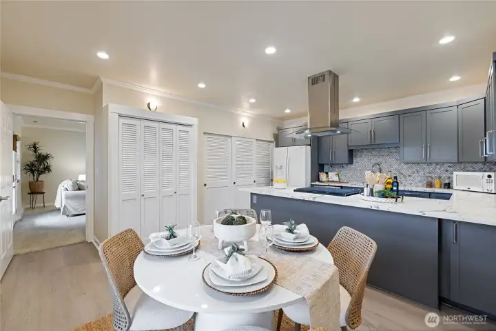 This is the beautiful kitchen with eating area downstairs. Plenty of storage and counter space and a gas stove & cook top.