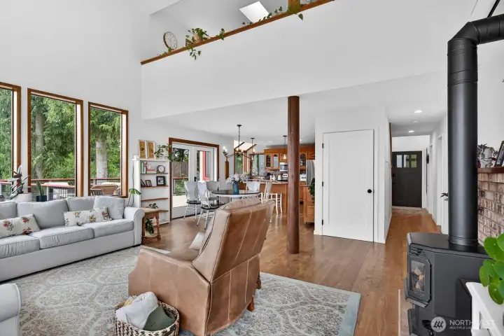 Coming in from the front door, kitchen is to the right and living is straight ahead.  There is a 3/4 bath when you come in as well...