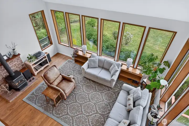 Looking down from loft, bonus room...