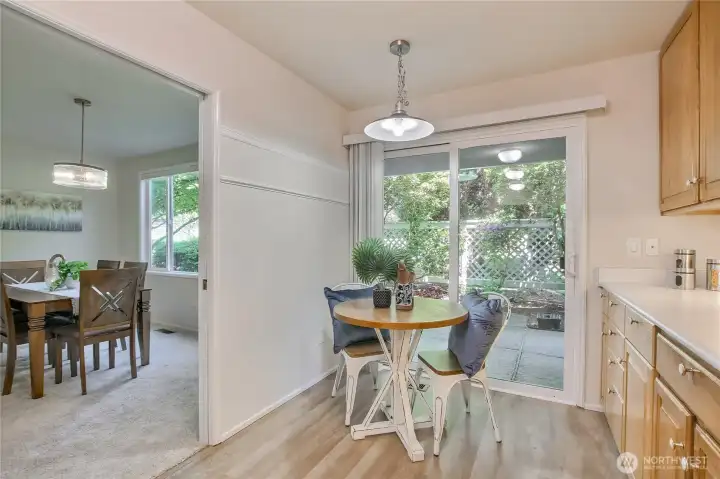 Morning coffee inside or out on your patio. Kitchen cabinets are extended for extra storage.