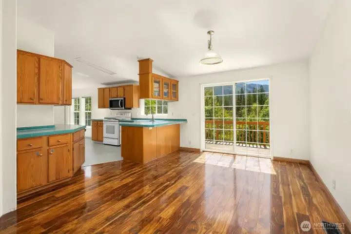 Spacious dining room with mountain views