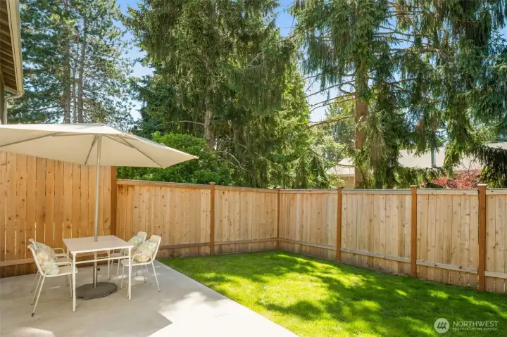 Fully fenced private backyard with new patio & new fence!