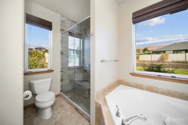 Jetted soaking tub, separate glass shower