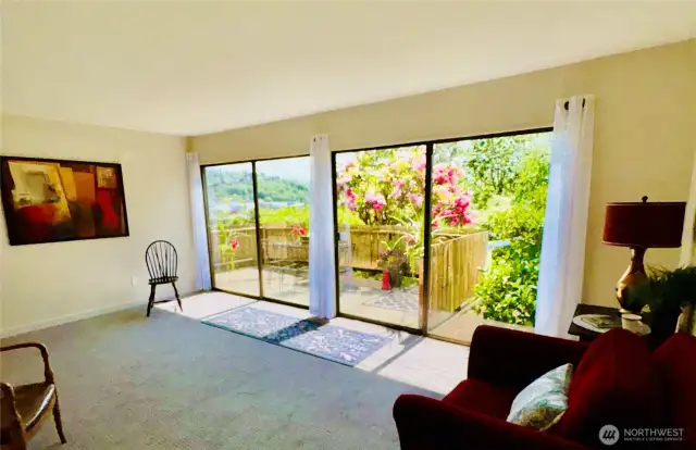 A wall of windows faces south to Mt. Rainier! New carpet throughout the living area and bedroom.