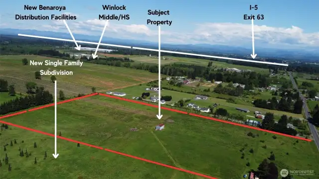 Conveniently located off of I-5 Exit 63. Close to local ammenities, schools, and new Benaroya Industrial Park. Property lines are approximate. Recently approved 91 home subdivision on adjacent property.