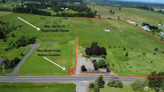 See supplements for information on new Sewer Pump Station and new subdivision to include a mix of 91 homes on adjacent property. Property lines are approximate.