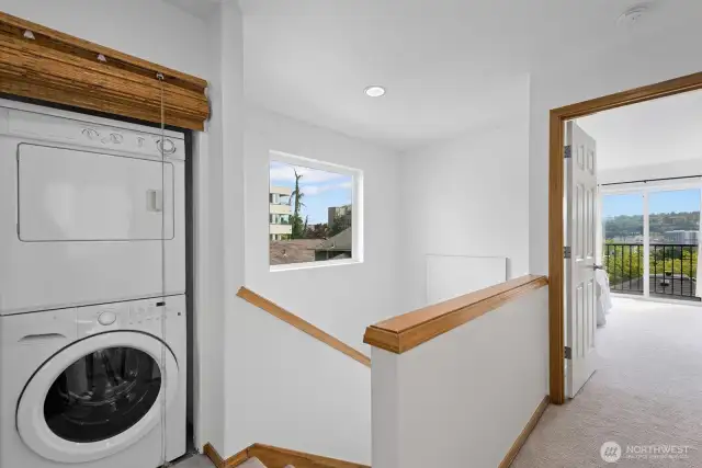 Upper level convenient stacked washer and dryer.