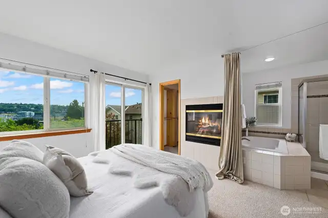 Primary Suite with custom walk-in closet, double sided gas fireplace, and spa-like ensuite.