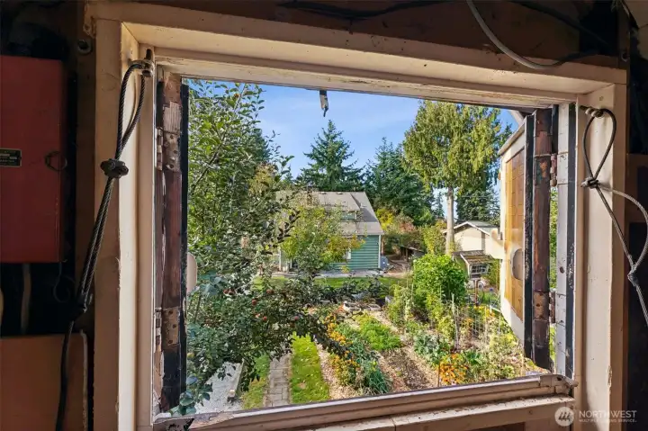 View from the barn into the beautiful gardens!