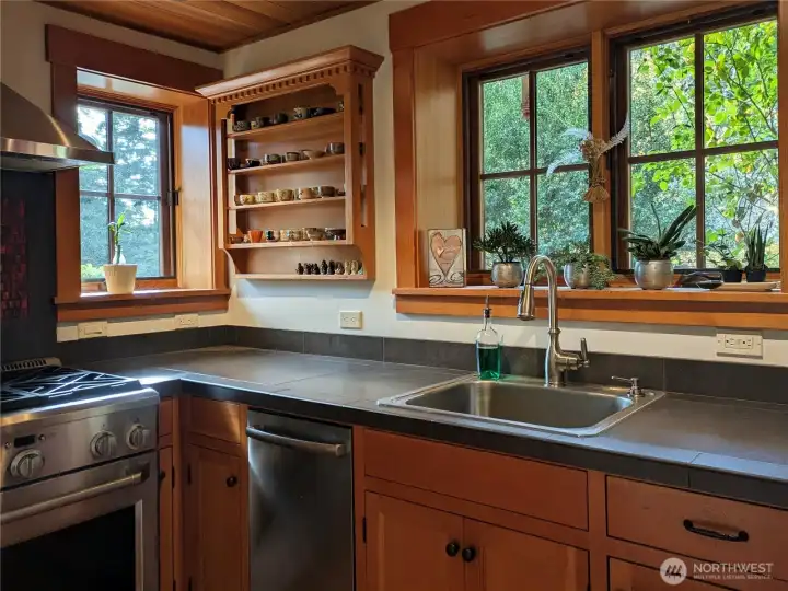 A chef's kitchen with a GE Monogram range.