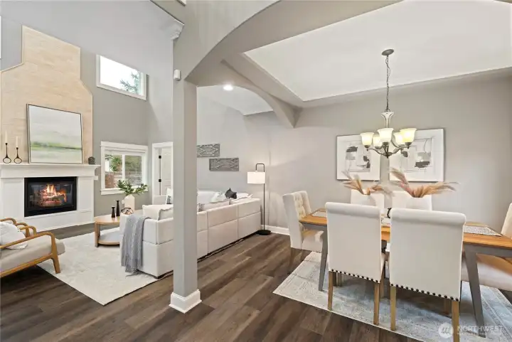 Comfortable dining room opens to the great room with 2-story ceiling fills the room with gorgeous natural light.