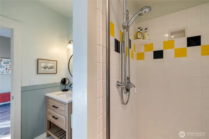 The bath is also custom tiled.