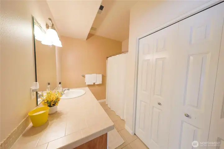 A full bathroom on the lower level supports the flexible living space, perfect for guests or extended family. A full bathroom on the lower level supports the flexible living space, perfect for guests or extended family.