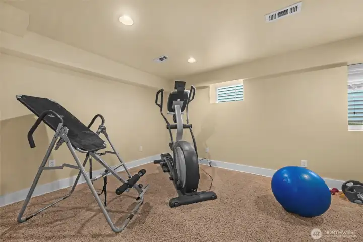 3rd bedroom on the lower floor is being used as an exercise room.