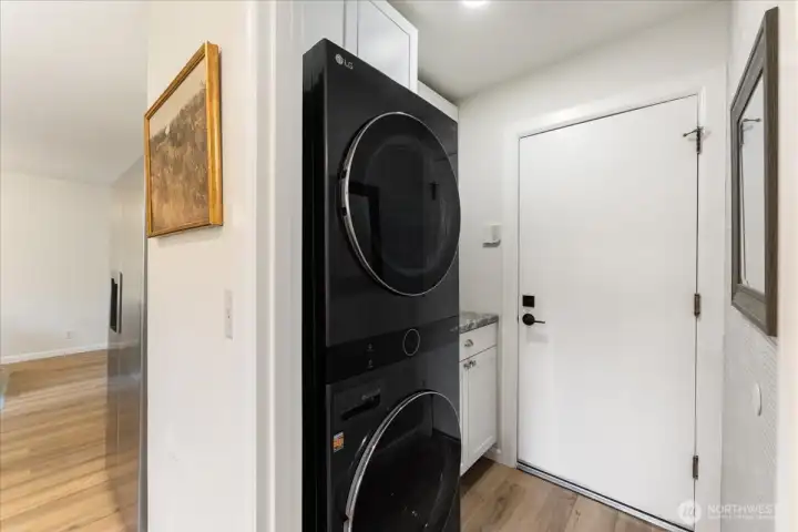 Stackable washer and dryer will remain with the sale of the home. Stackable washer and dryer will remain with the sale of the home.