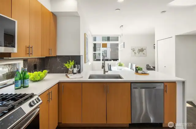 New smart appliances (LG microwave and fridge, Samsung oven/range), new Caesarstone quartz counters with cascading edge design, new extra deep Delta work station sink with protective grid, new door handles/pulls, new backsplash.