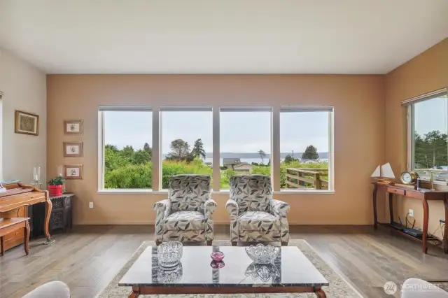 The kitchen is open to the living room, allowing you to see the amazing views.