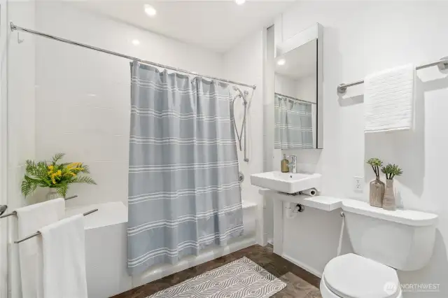 The large bathroom is a perfect way to end the day with a long, soothing bath.