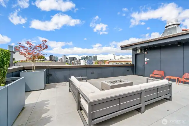 The well-appointed rooftop deck includes a seating area with fire feature, dining table, BBQ and views!