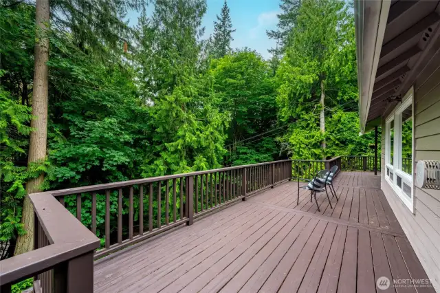 A large back deck for outdoor enjoyment with stairs leading to the fully fenced back yard. The covered patio is great for year round enjoyment.