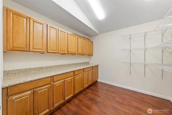 Oversized pantry room with cabinetry, counters, and storage racks.