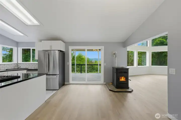 Main house kitchen w/ pellet stove and slider to huge deck
