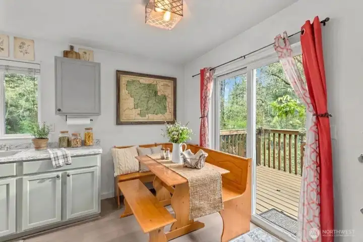 Dining area off kitchen. Sliding door to back deck and yard. (some decor digitally staged)