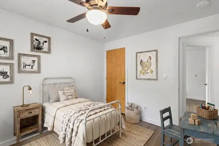 Another view of bedroom 1 upstairs, (some decor digitally staged)