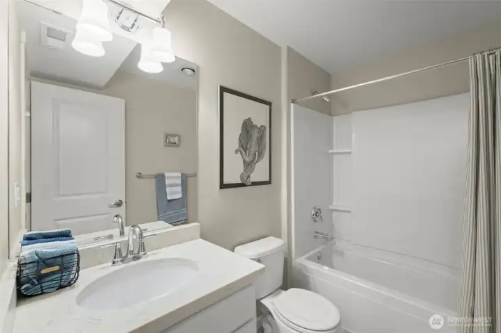 Ground floor guest suite bathroom with tub and shower.