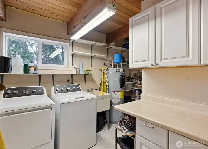 The laundry room is also located on the first floor. The new hot water heater is housed here and with the addition of shelves and cabinets doubles as a pantry. More storage is located off to the left of the door. The washer and dryer are less than a year old and will convey with the house. Deal!! The laundry room is also located on the first floor. The new hot water heater is housed here and with the addition of shelves and cabinets doubles as a pantry. More storage is located off to the left of the door. The washer and dryer are less than a year old and will convey with the house. Deal!!