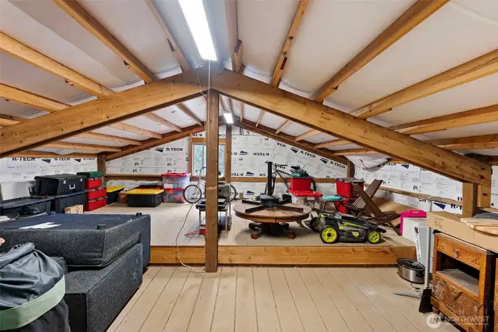 The loft space in the garage has endless possibilities. Need more storage space; check, need room for a studio; check, need a place for your wood working tools, check. Let your imagination go wild. The loft space in the garage has endless possibilities. Need more storage space; check, need room for a studio; check, need a place for your wood working tools, check. Let your imagination go wild.