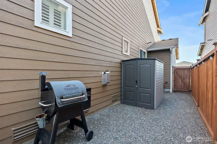 A handy storage shed and space for your grill A handy storage shed and space for your grill