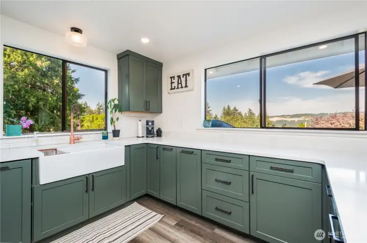 Quartz countertops and tile backsplashes!
