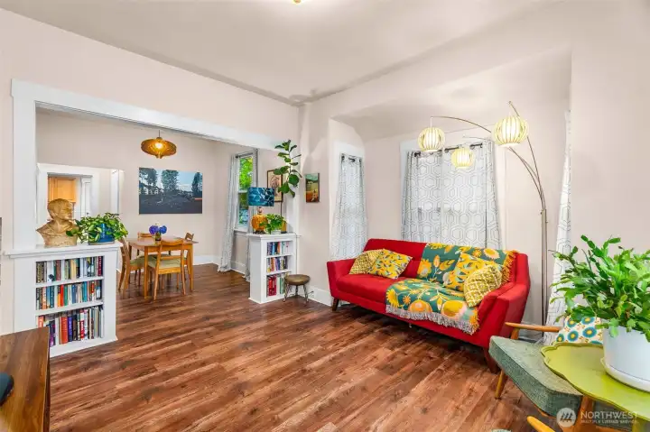 Tall 10 foot ceilings, loads of architectural interest, and generous spaces.