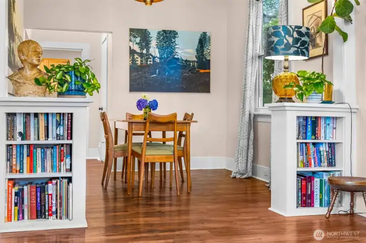 Built-in Bookcases defining the Living & Dining Rooms