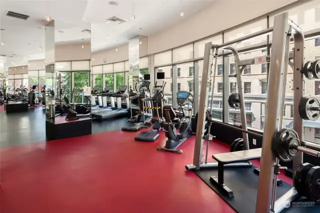 Workout Area with a variety of equipment. There is also a Hydraulic Pool, Hot Tub and Yoga Studio.
